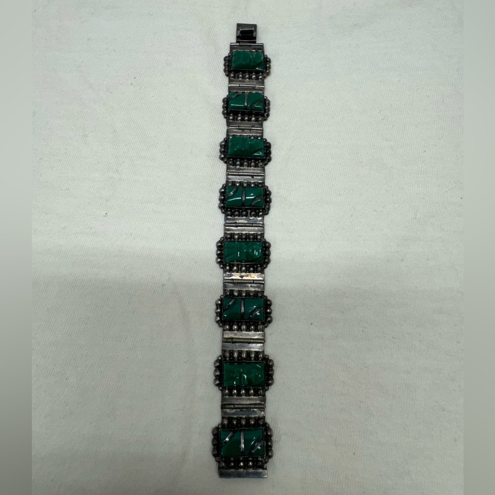 Vintage Mexico Carved Aztec Malachite Sterling Silver Bracelet